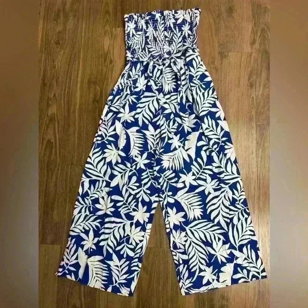 Kate Spade $298 Linen Cotton Pants Floral Jumpsuit Tropical Hawaiian Strapless M